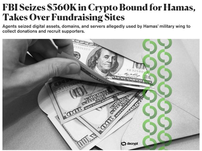 A news headline reading 'FBI Seizes $560K in Crypto Bound for Hamas, Takes Over Fundraising Sites' with an image of hands opening an envelope of $100 bills next to a Chainlink logo.