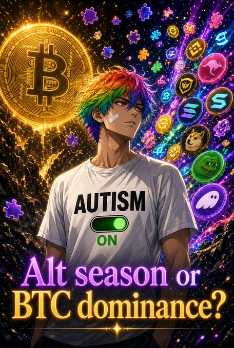 An anime-style character with rainbow hair and an "AUTISM ON" t-shirt stands before a cosmic backdrop featuring a glowing Bitcoin alongside various altcoin icons (Dogecoin, Shiba Inu, Pepe, Phantom, and others) and puzzle pieces, with bold text reading "Alt season or BTC dominance?" — visually representing the post's central debate over whether altcoins will outperform Bitcoin in this cycle or if BTC dominance will continue to suppress them.