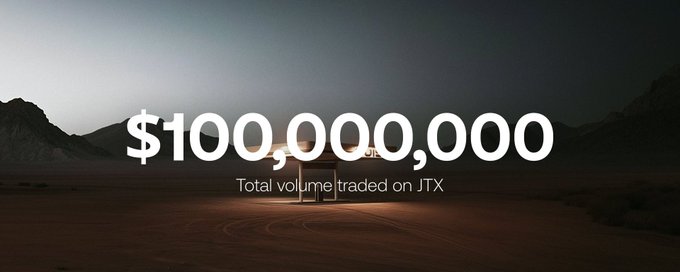 A promotional graphic displays the text '$100,000,000 Total volume traded on JTX' over a desert landscape with a silhouetted vehicle and an airplane.