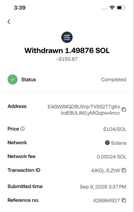 A screenshot of a completed withdrawal of 1.49876 SOL (~$155.87) to address EAGWjMQD8USnjvTV9S2T7gKxbdE8UlJM1yMiGqbw4ncc on the Solana network, dated Sep 9, 2026, likely shared to verify payment sent to "@AIdox17" as part of a Solana giveaway promotion.