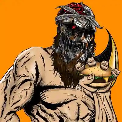 A comic-style illustration of a muscular shirtless figure wearing a metallic skull mask with glowing red eyes, holding what appears to be a taco or food item, against an orange background.
