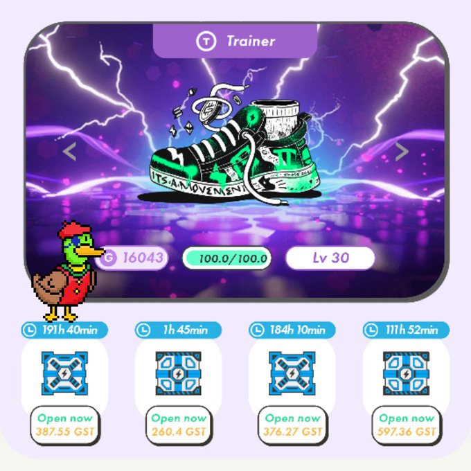 The image shows a STEPN app screenshot featuring a "Trainer" sneaker NFT at level 30 with 16043 GST energy, alongside four mystery boxes available to open for varying GST amounts and time durations (387.55, 260.4, 376.27, and 597.36 GST). The pixelated duck mascot wearing a red shirt and cap represents the user's avatar in the STEPN move-to-earn game, tying in with the post's mention of MB (Mystery Box) hunting in P country and the shared activation code.