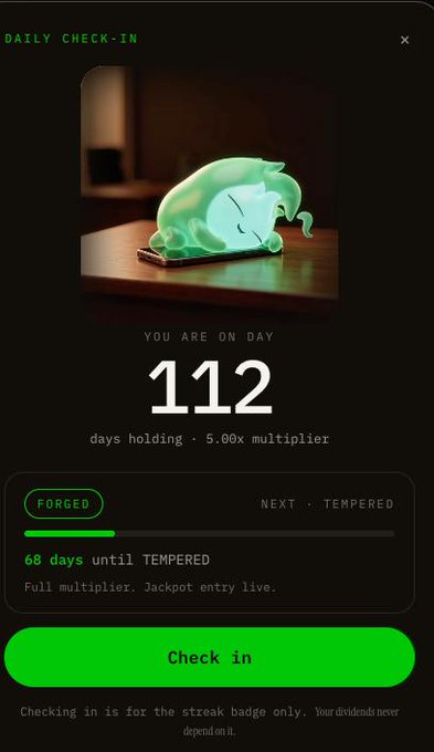 A 'DAILY CHECK-IN' screen for an app or game showing the user is on 'DAY 112 days holding - 5.00x multiplier' with a glowing dolphin image, a 'FORGED' status badge progress bar showing '68 days until TEMPERED', and a green 'Check in' button.