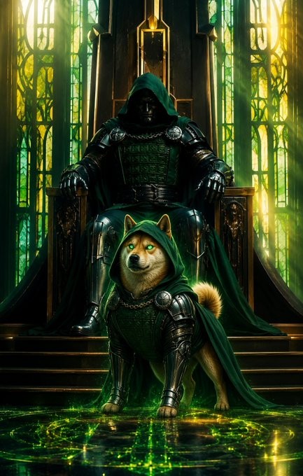 Digital fantasy art of an armored, hooded figure sitting on a throne in a green-lit cathedral, with a Shiba Inu dog in matching green hood and armor standing in the foreground.