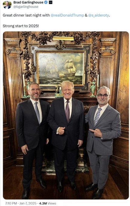 A screenshot of a tweet from Brad Garlinghouse (@bgarlinghouse) captioned "Great dinner last night with @realDonaldTrump & @s_alderoty. Strong start to 2025!" shows three men posing together in a wood-paneled room with a large ship painting, viewed 4.3M times on January 7, 2025.

The connection to XRP: Garlinghouse is the CEO of Ripple Labs, the company behind the XRP cryptocurrency, and "s_alderoty" refers to Stuart Alderoty, Ripple's Chief Legal Officer, making this a notable moment for the XRP community given Trump's relationship with crypto policy.