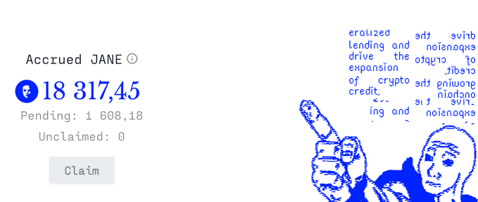 A screenshot showing 'Accrued JANE' rewards totaling 18,317.45 with 1,608.18 pending, alongside blue distorted text about crypto expansion and credit.