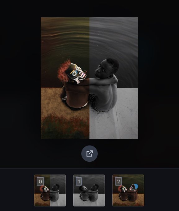 A 3D rendering or app interface showing a figure split between colorful and grayscale textures, with two embracing figures, displayed above thumbnail options labeled 0, 1, and 2.