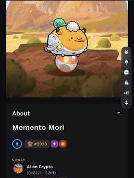 A CryptoPunk-style NFT character labeled 'Memento Mori' (#2938) owned by 'AI on Crypto' with a balance of 0x8121...92df.