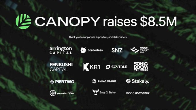 The image announces that Canopy has raised $8.5M, listing partner and supporter logos including Arrington Capital, Borderless, SNZ, CodeCraft, Fenbushi Capital, KR1, Scvtale, Sonic Boom Ventures, Pier Two, Rhino Stake, Stakely, Lavender.Five, Easy 2 Stake, and nodemonster. The graphic visually reinforces the post's message about Canopy bridging the gap between idea and deployed onchain product by showcasing the strong investor backing that validates their mission.