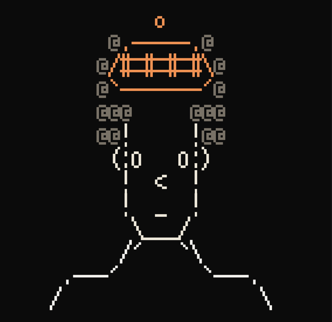 An ASCII art portrait of a person with a stylized crown or halo design above their head.