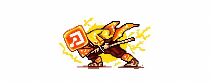 A pixel art illustration of a warrior character with a flaming sword and shield bearing a musical note symbol, set against a yellow background with lightning bolts.