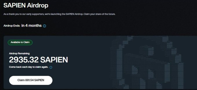 A SAPIEN Airdrop webpage showing '2935.32 SAPIEN' remaining with a 'Claim 881.54 SAPIEN' button, with the airdrop ending in 4 months.