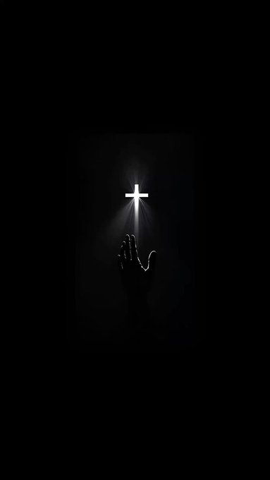 A glowing cross illuminates the darkness as a hand reaches upward, symbolizing prayer and devotion. The image reflects the post's spiritual message of seeking God's blessing and encouragement to attend church.