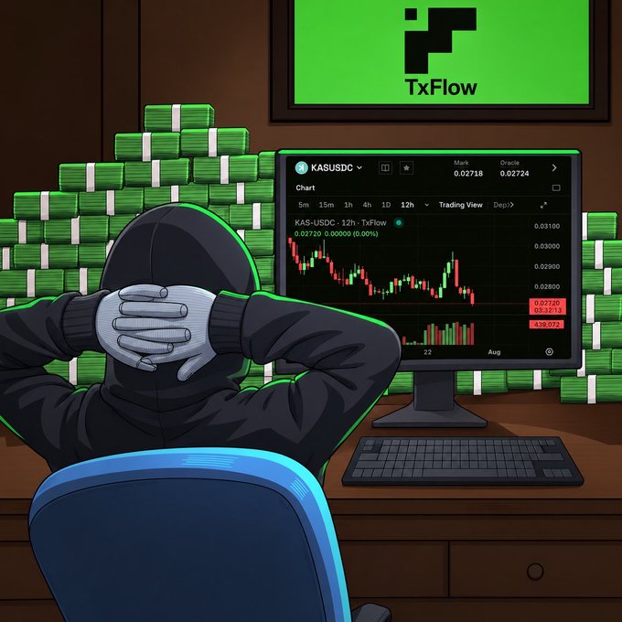 A hooded figure sits with hands clasped behind their head, facing a computer monitor displaying a KAS/USDC trading chart alongside massive stacks of cash, with a "TxFlow" logo mounted on the wall. The image visually ties to the post by illustrating the lucrative rewards and trading potential users can unlock by signing up on TxFlow L1 with a referral code.