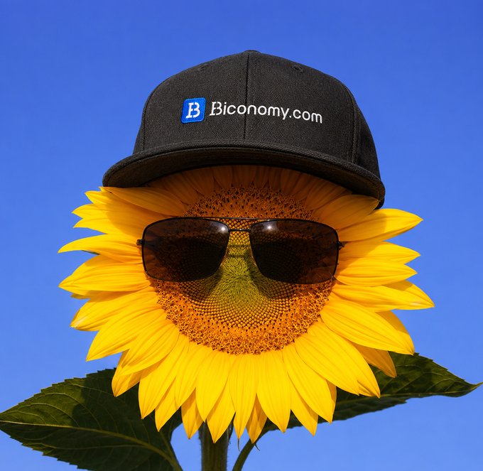 The image features a large sunflower with sunglasses perched atop of it, placed against a blue sky background. The sunflower has bright yellow petals, making it stand out prominently in the picture. The sunglasses appear to be a light shade brown color that match well with the sunflower's hue and provide contrast. They rest on top of the flower, covering its face and casting an interesting shadow below it. In the foreground, there is also text visible in the image which reads "Happy Saturday, GM Fren! Ready to buy $BiconomyCom #G..." This suggests that the post could be related to a discussion about the crypto market or trading journey, possibly using the sunflower as a symbol of growth and success.