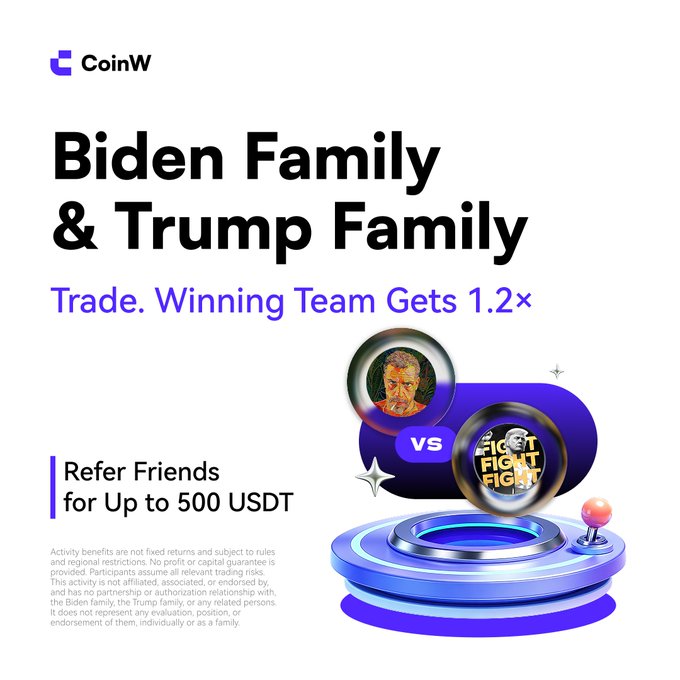 A CoinW cryptocurrency ad promotes a "Biden Family & Trump Family" trading event where the winning team gets 1.2×, with referral bonuses up to 500 USDT.