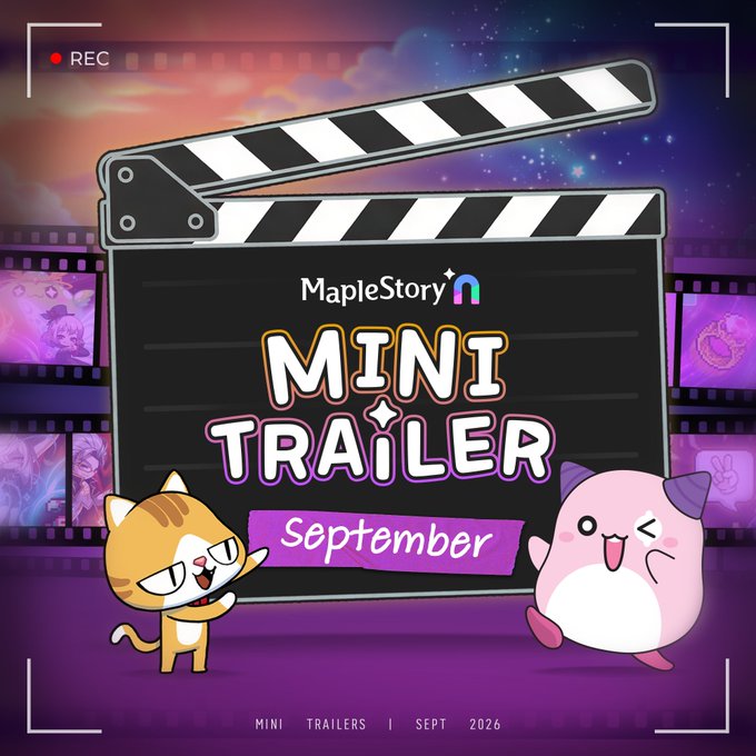 A promotional graphic featuring a clapperboard with the "MapleStory" logo and "MINI TRAILER September" text, flanked by two cute mascot characters (an orange cat and a pink creature) against a purple starry background with film strips, advertising the upcoming September Mini Trailer reveal for Maplers.