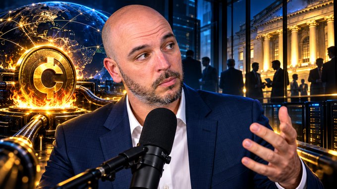 A bald man with a beard in a dark suit speaking into a microphone, with an AI-generated background featuring a glowing golden 'C' coin, a globe with network connections, and people in suits.