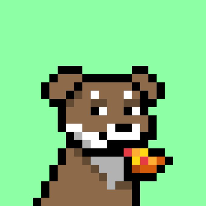 A pixel art illustration of a brown dog character with white accents, holding what appears to be an orange item, set against a solid green background.