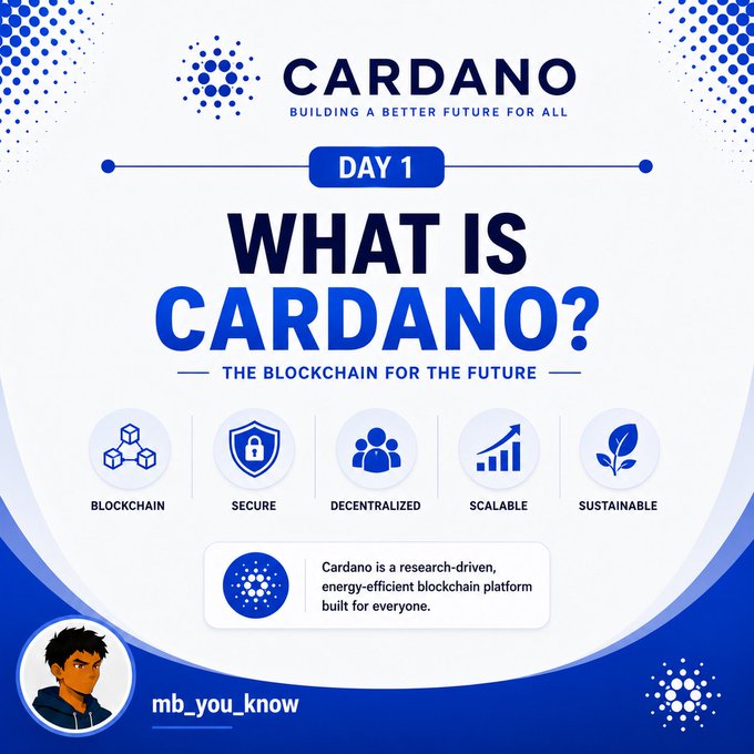 An informational graphic titled 'Day 1: What is Cardano?' explaining the blockchain platform with icons highlighting its key features: Blockchain, Secure, Decentralized, Scalable, and Sustainable.