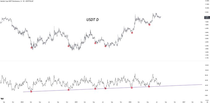 A USDT Dominance chart (USDT.D) on the daily timeframe showing price action with red dots marking recent local highs and a lower indicator panel displaying an ascending trendline with multiple touch points. The annotated trendline supports the post's observation that USDT dominance has consistently bounced off this rising support, suggesting another potential upward bounce and impending down impulse for crypto markets.