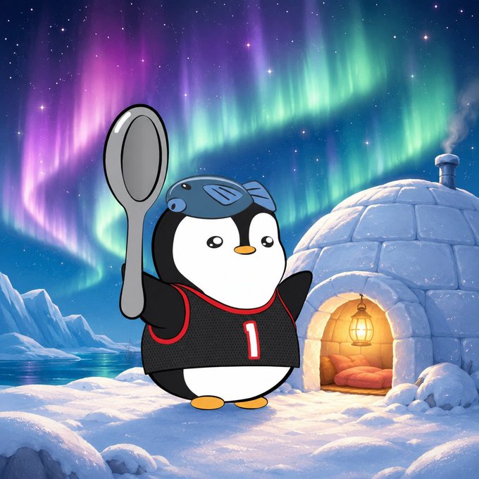 A cartoon penguin wearing a hockey jersey with the number '1' and a helmet holds a large spoon, standing in a snowy arctic landscape with an igloo and aurora borealis in the background.