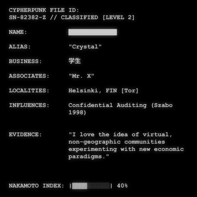 A classified Cypherpunk file with ID 'SN-82382-Z' details a person named 'Crystal,' a student from Helsinki associated with 'Mr. X,' with a Nakamoto Index of 40%.