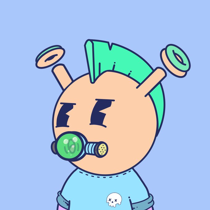 A cartoon illustration of a character with green hair and two ear-like protrusions, wearing a gas mask with a green filter and a light blue shirt with a small skull design.