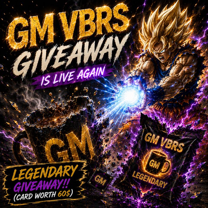 A vibrant promotional graphic announces the "GM VBRS GIVEAWAY IS LIVE AGAIN" with a fiery Dragon Ball-style warrior blasting energy from his hands, alongside a steaming "GM" coffee mug and the feature text "LEGENDARY GIVEAWAY!! (CARD WORTH 60$)." The dynamic artwork visually amplifies the post's call for participants to compete for a "LEGENDARY GM VBRS card" by showcasing their own GM mugs, tying the anime-inspired battle energy directly to the coffee-themed crypto contest.