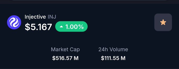 A cryptocurrency price widget displaying Injective (INJ) at $5.167, up 1.00%, with a market cap of $516.57M and 24h volume of $111.55M.