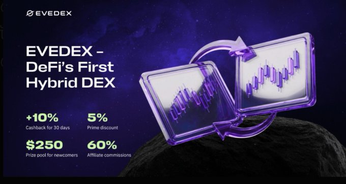 An advertisement for EVEDEX reads 'DeFi's First Hybrid DEX' and highlights features including '+10% Cashback for 30 days', '5% Prime discount', '$250 Prize pool for newcomers', and '60% Affiliate commissions'.