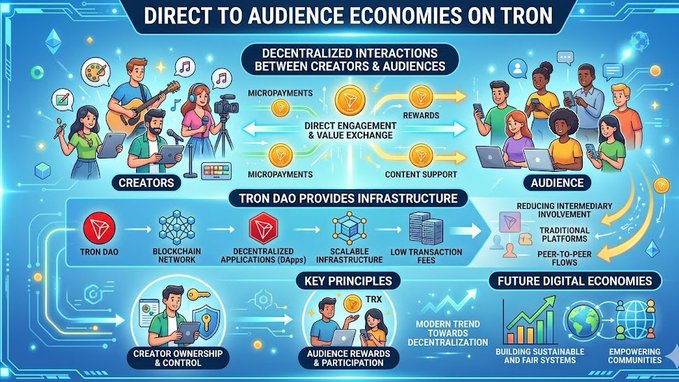 The image is a cartoon-style infographic or poster depicting various elements of blockchain technology, such as TRON, audience economies, and the internet. The text in the image reads "Direct to Audience Economies on TRON". The infographic shows a chain of visual elements that showcase how the internet has facilitated direct value exchange between creators and audiences. It also highlights the role of blockchain technology in supporting decentralized interactions and transactions within these economies.