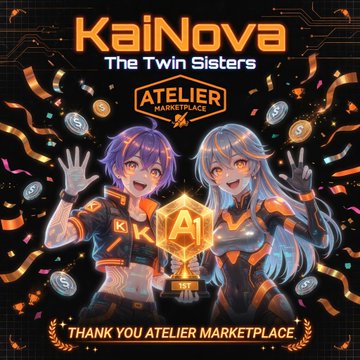 The image features two cartoon girls with big smiles, holding a trophy together. They are surrounded by confetti and ribbons, indicating that they have won an award or participated in a competition. The text "Big Thanks To The Bounty Selection Of The Team @useAtelier @remp0x @CoffeeSPX Check out Kai&Nova The Twin Sisters" is also present on the image. This suggests that the girls are celebrating their victory at the Atelier Marketplace, which is a popular online marketplace for handmade crafts and goods.
