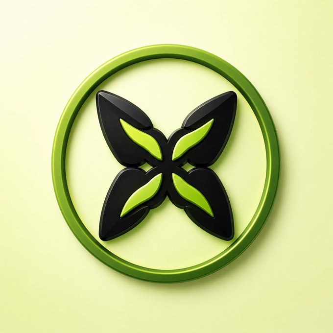 A 3D logo featuring a green circle enclosing a black and lime-green butterfly or X-shaped design on a pale yellow-green background.