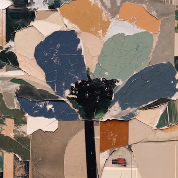 A collage-style abstract floral artwork features fragmented petal shapes in navy, sage, mustard, and burnt orange surrounding a dark central bloom, set against muted beige and teal patches. The piece complements the post's appreciation for art beyond market value, with the user highlighting it as a favorite secondary-market acquisition for their office wall.