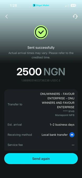 A screenshot of a Bitget Wallet transaction showing a successful transfer of 2500 NGN (approximately 1.87 USDC) to 'ONUWINNERS - FAVOUR ENTERPRISE' via local bank transfer through Moniepoint MFB.