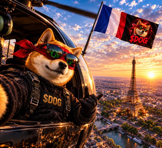 A Shiba Inu wearing red-tinted sunglasses and a harness labeled '$DOG' sits in a helicopter overlooking the Eiffel Tower in Paris at sunset, with a '$DOG' flag flying nearby.