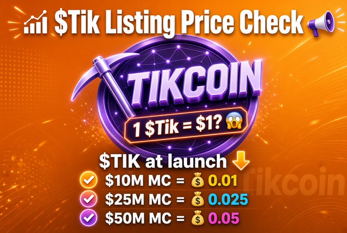 A promotional graphic for '$Tik Listing Price Check' featuring Tikcoin with text showing '$TIK at launch' with pricing tiers: $10M MC = $0.01, $25M MC = $0.025, and $50M MC = $0.05.