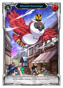 A fantasy trading card titled 'Moonlit Sovereign' (Lv 78) featuring a large red and white owl wearing a golden crown, perched above a town street scene with villagers looking up in awe.