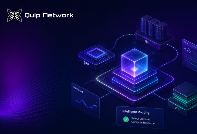 The image shows a stylized graphic of the Quip Network platform, featuring interconnected GPU and CPU hardware units orbiting a glowing central cube, with labels for "Workload," "Intelligent Routing," and "Select Optimal Compute Resource" displayed on floating interface panels. This visual supports the post's theme by illustrating how Quip Network functions as orchestration infrastructure, intelligently allocating compute resources rather than treating quantum or classical hardware in isolation.