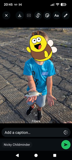 A child in a blue shirt holds a small fish on a paved surface with their face covered by a cartoon bee sticker, and the text 'Nicky Childminder' appears at the bottom of the screen.