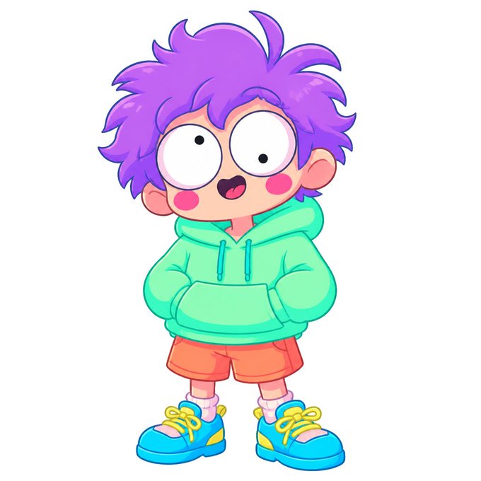 An illustration of a cartoon character with messy purple hair, rosy cheeks, wearing a teal hoodie, orange shorts, and blue shoes.