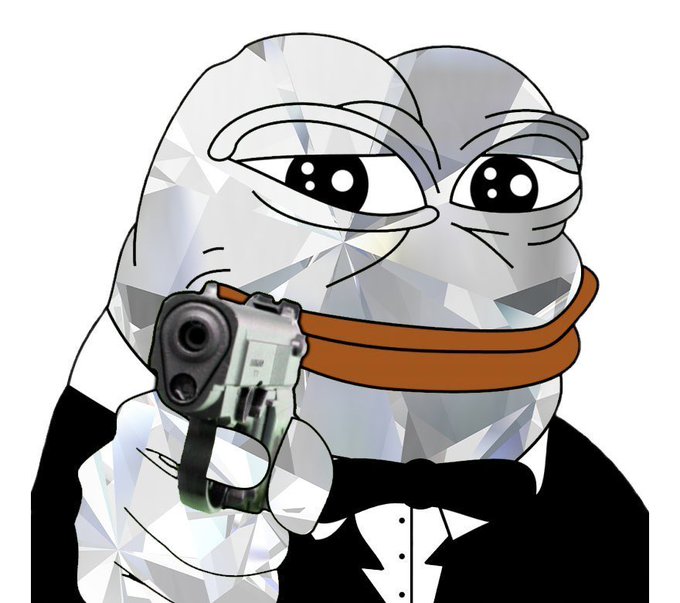 A low-poly digital illustration depicts a figure in a tuxedo with an orange mouth covering, pointing a handgun directly at the viewer.