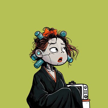 A cartoon illustration of a tired-looking woman with hair rollers and a red bow, wearing a dark robe and holding what appears to be a kitchen appliance against a green background.