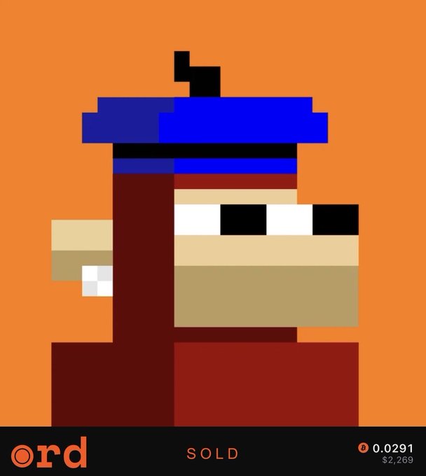 A pixel art image from Ord (priced at 0.0291 ETH, $2,269) showing a SOLD blocky figure with a blue hat on an orange background.