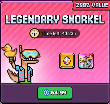A mobile game store screen titled 'LEGENDARY SNORKEL' featuring a pixel-art snorkel character with goggles holding a torch, with a countdown timer of 4d 23h and a price of 64.99. A '200% VALUE' tag appears in the corner.