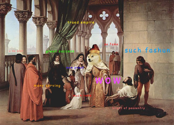 A classical painting of figures in historical attire inside an arched building, overlaid with various colorful text snippets such as 'tred empire', 'such fashiun', 'WOW', 'blight of peasantry', and 'much hook'.