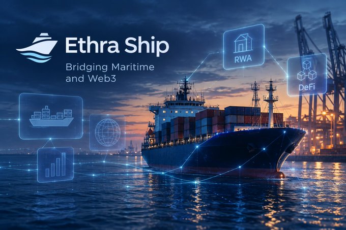 Marketing graphic for Ethra Ship with the tagline 'Bridging Maritime and Web3,' featuring a cargo ship at sunset with holographic icons representing RWA, DeFi, and shipping technology.