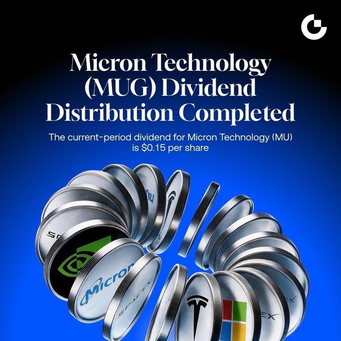 A promotional graphic announces that Gate gStocks has completed a $0.15 per share cash dividend distribution for Micron Technology (MU), featuring an arrangement of metallic coins branded with logos of various companies including Micron, NVIDIA, and Microsoft against a blue background.

The image visually reinforces the post by pairing the dividend announcement with branded coins symbolizing the crypto-based tokenized stock dividend payouts credited to users' accounts.