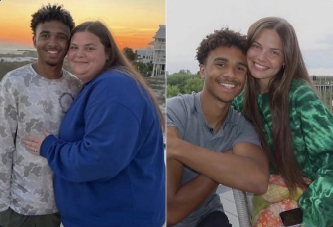A side-by-side comparison showing the same young man with two different young women in separate photos, highlighting his different relationships.